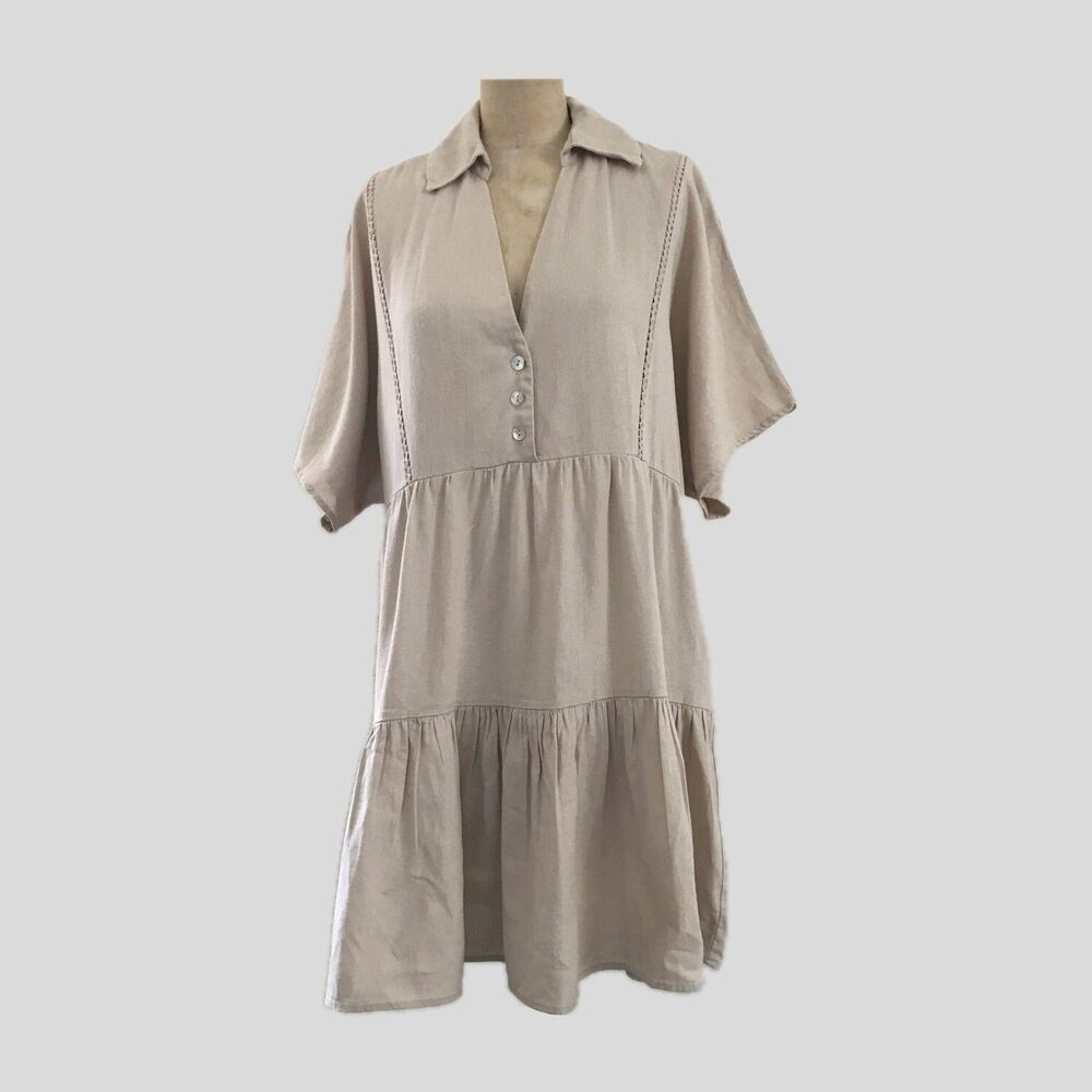 Zara Neutral Beige Linen Short Sleeve Collared Summer Mini Shirt Dress  S